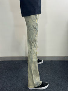 Washed Mud Color Mens Jeans Bell Bottoms High Street American Style Vibe Decomposition Hole Design Straight Leg Pants