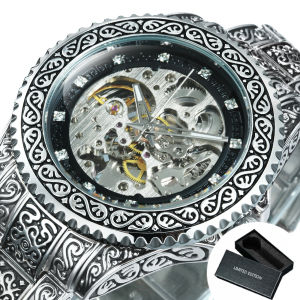T-WINNER | Classic Engraved Skeleton Automatic Mechanical Watch for Men Luminous Hands Stainless Steel Strap Business Fashion Mens Watches