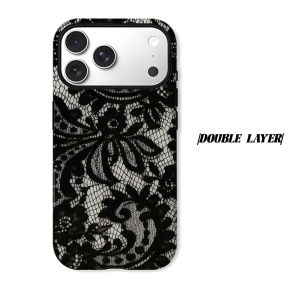 Vintage Black Lace Phone Case for iPhone 18 17 16 15 14 13 12 11 Air Pro Max Plus Double-layer Cover