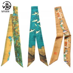 FengRui Crane Picture Silk Scarf Womens Bag Handle Decorative Belt Large Square Silk Scarf Spring Autumn Summer Fashion