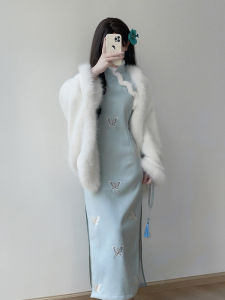 Ting Yue Ling New 2024 Elegant Long Cheongsam Young Style Thickened Fleece Girls Traditional Chinese Modified Dress for Autumn Winter