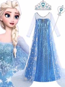 Princess Elsa Dress Girls Summer Halloween Costume Frozen Clothes Long Sleeve Polyester Nylon Composite Fiber Midi Skirt