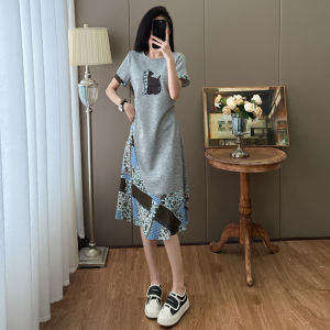 Summer Casual High Waist T-Shirt Long Dress Knee-Length Chiffon Splice Fake Two-Piece Womens Midi Skirt City Commute