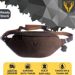 Tas Selempang Pria Kulit Sapi Merk Leaderbag Terbaru Warna Coklat Waterproof Waistbag Tas Pinggang Kulit Cowok Distro Branded DRACO V2 AA02