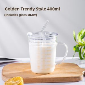 Measurement Scale High Borosilicate Glass Cup With Lid and Straw