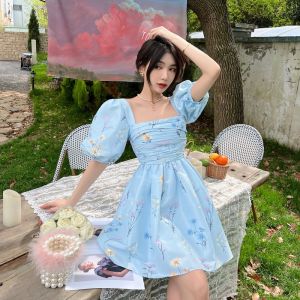 Princess Style Printed Bubble Sleeve Square Collar Dreamy Courtship Fashion Dress Men Attraction Short Skirt a Line Polyester Fiber