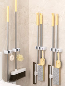 Bathroom Wall Mounted Mop And Broom Holder Strong Adhesive No Drilling Needed Silicone Storage Organizer for Household Cleaning Tools