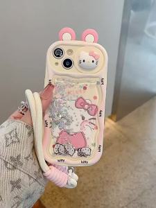 3D Ear Kitty Cat Liquid Quicksand Soft Phone Case With Sliding Window Camera Protection For iPhone 17 16 15 14 Pro Max Plus 13 12 Pro Max 11 Cute Cartoon Creative Shockproof Phone Cover Fashion Sequins Glitter Phone Casing