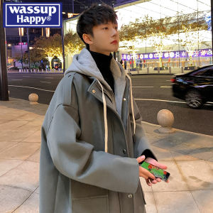 Wassup Happy Fake Two-Piece Woolen Coat Mens Autumn and Winter Fashion Brand Couple Hooded Handsome Casual Outwear