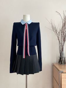 Duolaimei 2023 Lapel Shirt Fake Two-Piece Knitted Sweaters Womens Fall and Winter Stylish Niche Style Slim Fit Slimming Top