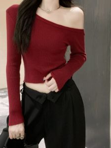 Ankela Red Diagonal Shoulder Knitted Sweater Womens Spring Autumn New One Shoulder Short Base Shirt Inner Wear Shoulder Bared Sweater