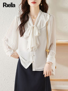 Puella Chic Pleated Sleeve Butterfly Knot Collar Shirt Womens Fashionable Young Looking Lace Shirt Straight Cut Long Sleeve V-Neck