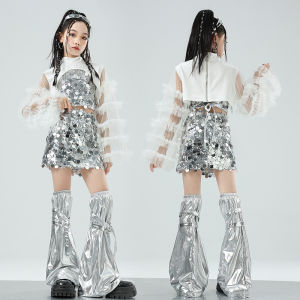 LOlanta Girls Jazz Dance Outfit Sequin Tank Top Shorts with Leg Warmers Tassel Design Mesh Crop Top Street Dance Stage Model Performance Costume