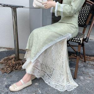 Váy Lưới Ren Cạp Cao Nửa Thân Váy Dài Đến Giữa Bắp Chân Cho Trang Phục Công Sở Thường Ngày Váy Cổ Điển Đa Năng Che Mông Thon Gọn