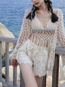 Bộ Đồ Ba Mảnh Ren Dài Tay Chống Nắng Đi Biển Áo Vest Dây Lưng Cao Áo Chui Đầu Cổ Chữ V Áo Len Dệt Kim Cotton Mùa Hè Cho Nữ