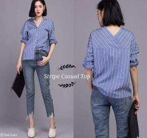 ECLAIRE 063 Kemeja Wanita Vneck Longsleeves Salur Stripe Kasual Kerja Kantor Basic Casual 923