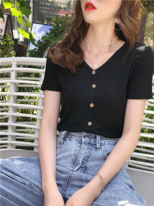 Womens Short Sleeve T-Shirt Loose Fit Thin V-Neck Casual Summer New Style Korean Version Slimming Short Length Outdoor Wear