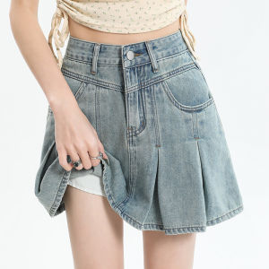 Light Wash เดนิม ทรงเอ Mini กระโปรง ผู้หญิง ฤดูร้อน Thin High เอว Wide Leg ปกปิดข้อบกพร่อง กระโปรงสั้น มีสไตล์ หลากหลาย Pure Color