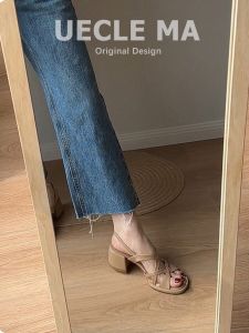 French Style Leather Version High Heels Sandals Womens New 2025 Thick Heel Retro Roman Shoes Beautiful Hollow Not Tired Feet