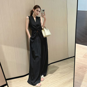 Black Linen French Style High Class Outfit Top Trousers Set