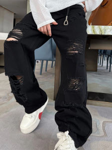 Trendy Black Casual Jeans Mens Summer 2025 New Loose Straight Leg Elastic Waist Hole Punching Leisure Pants for Youth