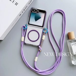 For Magsafe Magnetic Crossbody Lanyard Phone Case For Samsung Galaxy Z Flip 7 fe 6 5 4 3 Flip6 Flip5  Flip7 Transparent Cover