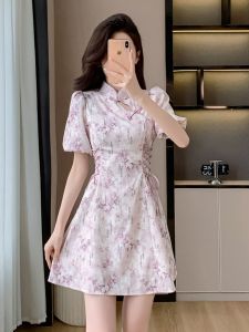 Váy Voan Tay Bồng Cạp Cao in Họa Tiết Mực Nước Mùa Hè Váy Ngắn Chữ a Mới Phong Cách Trung Hoa Cổ Truyền Có Dây Rút