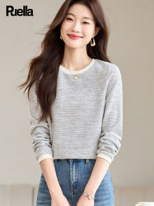 puella | Chanel-style Casual Color Block Regular Shoulder Womens T-shirt Round Neck Long Sleeve