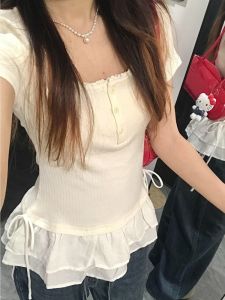 Pure Color Lace Short Sleeve T-Shirt Womens Winter Fashion Doll Neck Top Slimming Straight Cut Casual Wear Moisture Wicking