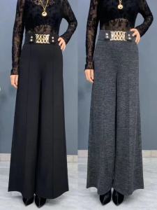 Elegant High Waist Wide Leg Pants Womens Fashionable Fleece Lined Casual Loose Fit Autumn Winter New Style Polyester Fiber