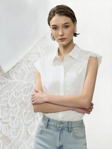 AMII | Áo Sơ Mi Cotton Lỏng Lẻo Viền Ren Đối Chiếu Cổ