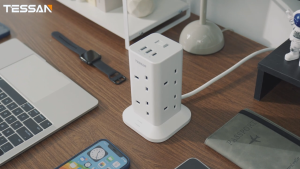 TESSAN 8-Outlet Tower Surge Protector with Dual USB Type-A/Type-C Overload Protection UK Plug - White