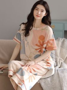 Yu Zhaolin Womens Summer Sleepwear Cotton Short Sleeve Thin Seven-Piece Pants Home Clothes Set Sweet Style Printed Casual Home Scene