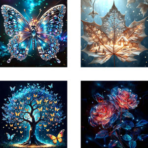 4 HUACAN Tranh Gắn Đá Bộ Full Vòng Khoan Cây Hoa Hồng Lá Bướm Phong Cảnh Đeo Chéo Handmade Nghệ Thuật Treo Tường Trang Trí Nhà