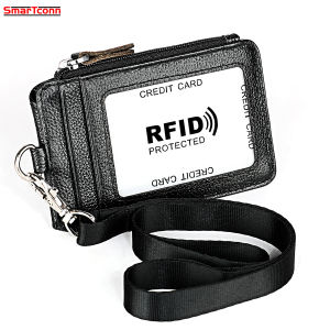 Smartconn Business Work Name Tag Card Holder Badge Holder with Zipper RFID Blocking Genuine Leather ID Badge Card Holder Wallet  for Offices ID School ID Driver Licence