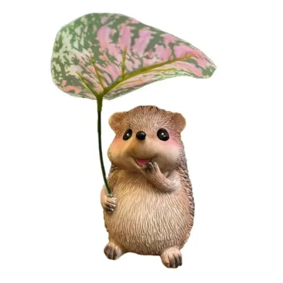 Cute Resin Leaf Umbrella Hedgehog Figurine Garden Hedgehog Statue Resin Animal Sculpture Outdoor Garden Decor Ornament