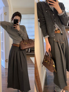 Gray Woolen Material Long A-Line Skirt High Waist Pleated Womens Autumn Fashion Commute Style Midi Skirt Pure Color Polyester Fiber