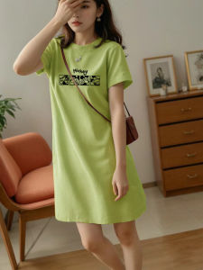 ชุดเดรสยาวคลุมเข่าสไตล์ฝรั่งเศส ทรงหลวม แขนสั้น คอตุ้มกลม ทรงเอ เดรสลำลองสำหรับผู้หญิงในฤดูร้อน