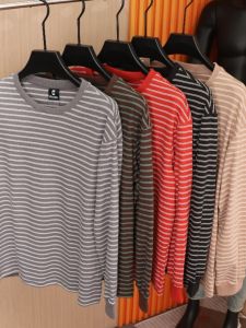 Designer Line! New Autumn Winter Couple Style T-Shirts Womens Ribbed Striped Base Shirt Trendy Cotton Long Sleeve round Neck