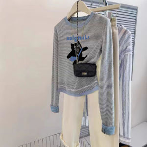 Áo Thun Dài Tay Ôm Vừa Vặn Cho Nữ Mùa Xuân Thu Tay Dài Cổ Tròn in Họa Tiết Hoạt Hình Thiết Kế Hai Mảnh Giả Kẻ Sọc Nối Dài