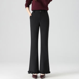 Black Fleece Lined High Waist Thickened Bell Bottom Pants Womens Casual Style Spring Autumn Fashion Ladies Polyester Fiber