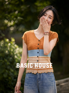 Basic House | Orange Stripe V-neck Short Sleeve Slim Summer Knit Cardigan