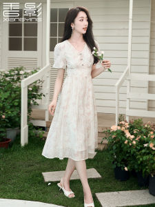 Summer New Pink Butterfly Bubble Sleeve V-neck Dress Womens Gentle Style Printed High Waist A-line Dress with Invisible Zipper