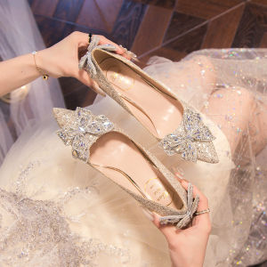 Elegant Gold Crystal High Heels Princess Style Wedding Shoes Fine Heel New 2025 Spring Summer Bride Shoes Shiny Slip-On Single Shoes
