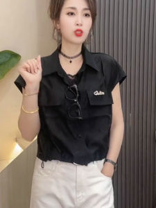 Fashionable Polo Collar Short Sleeve Womens Shirt Drawstring Design Slimming Top Korean Style Summer New Arrival