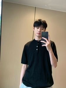 Knitted Solid Color Button up Polo Shirt Short Sleeve Men Summer High End Feel Cleanfit Henry Collar Design Fashionable T-Shirt