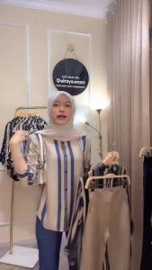 Kemeja Rayon Wanita Motif Salur Kekinian Lengan 3/4 Edisi Lebaran 2025