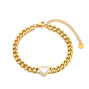 JeeMango Nữ Thép Không Gỉ Đính Đá Cubic Zirconia Trái Tim Cuba Dây Xích Vòng Tay Mạ Vàng PVD Chống Thấm Nước Trang Sức JB24052