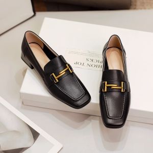 Handmade Soft Leather Womens Shoes French Vintage Square Head Thick Heel Versatile Loafers Single Shoes Spring Autumn New Style