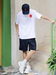 Heavy Weight Pure Cotton Summer New Arrival Mens Short Sleeve T-Shirt Hong Kong Style Loose Five-Pointed Star Print Simple All-Match Tops round Neck
